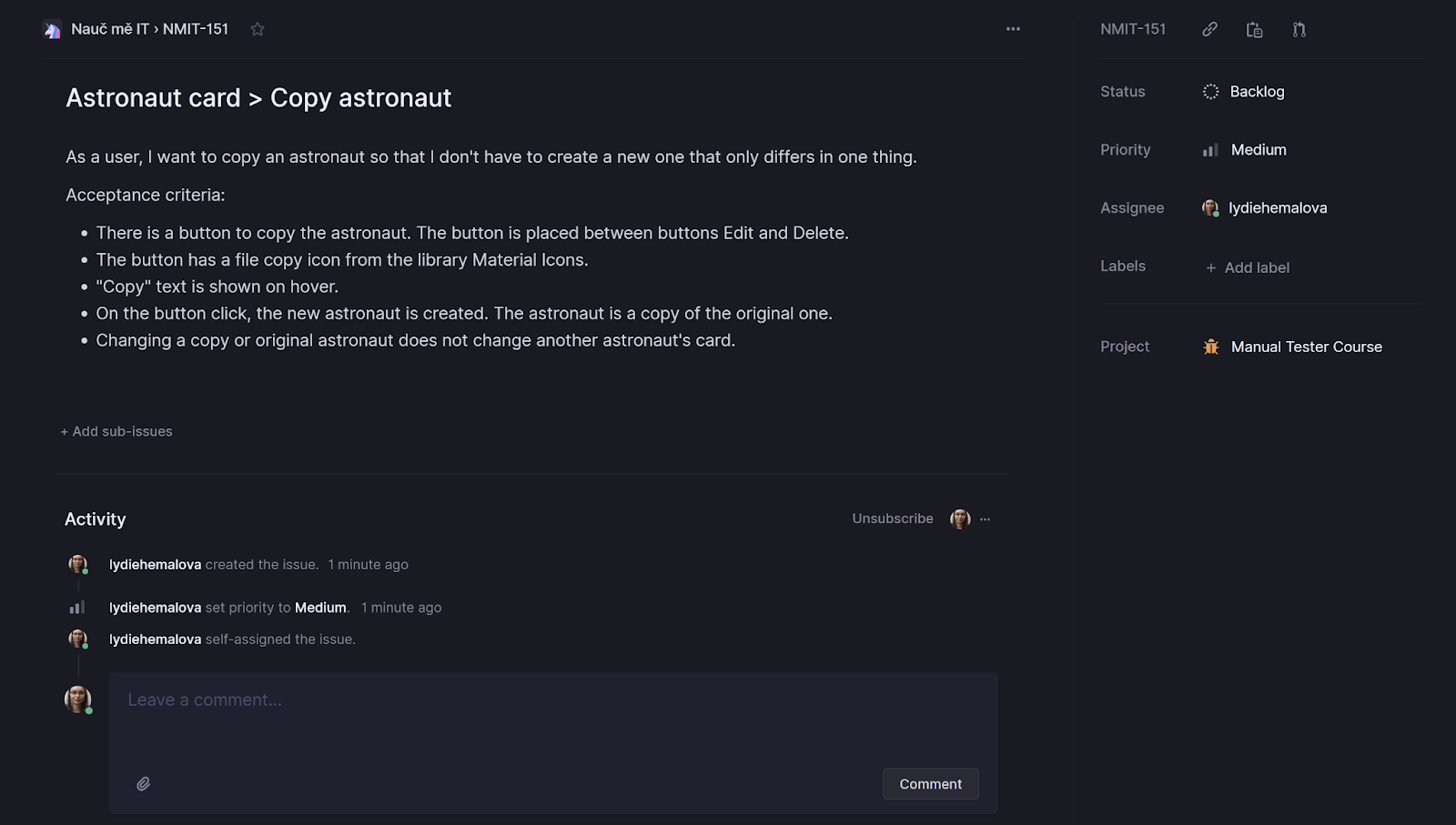 Ukázka ze software Linear na správu projektů - zadání ticketu v angličtině Linear - Ukázka zadání ticketu v angličtině