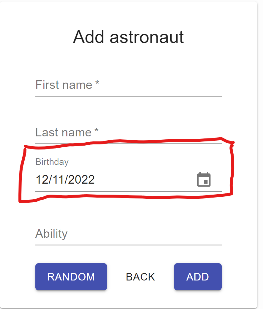 Políčko Birthday zobrazené v edit mode. Pole Birthday - Edit mode
