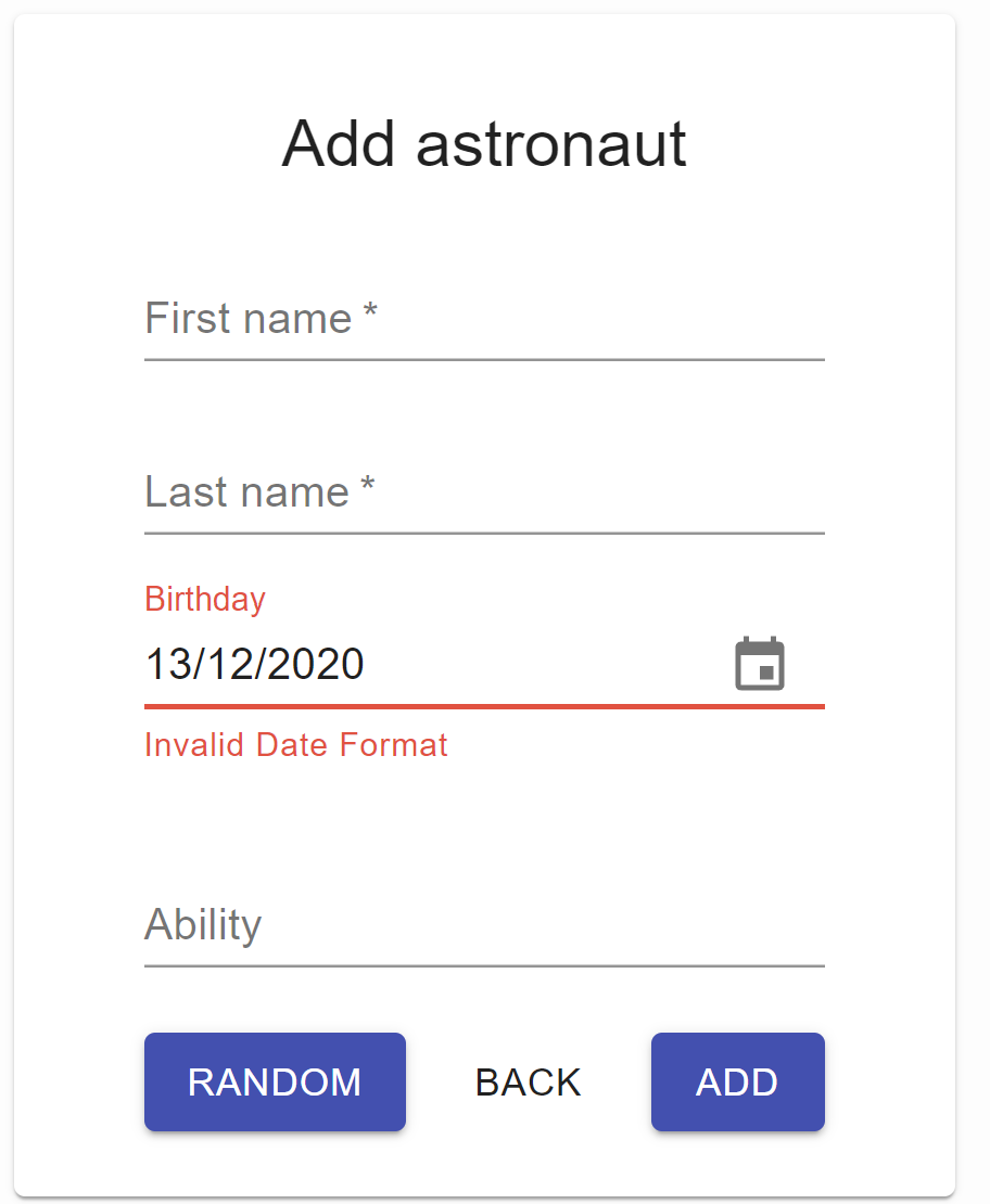 Nevalidní formát datumu pro políčko Birthday. Nevalidní formát datumu