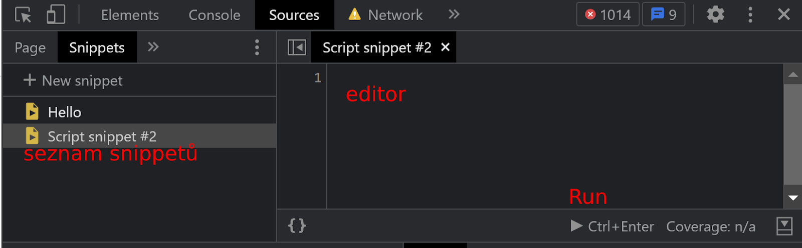 Panel Sources s otevřeným editorem pro psaní snippetů DevTools panel Sources s nástorjem pro psaní snippetů