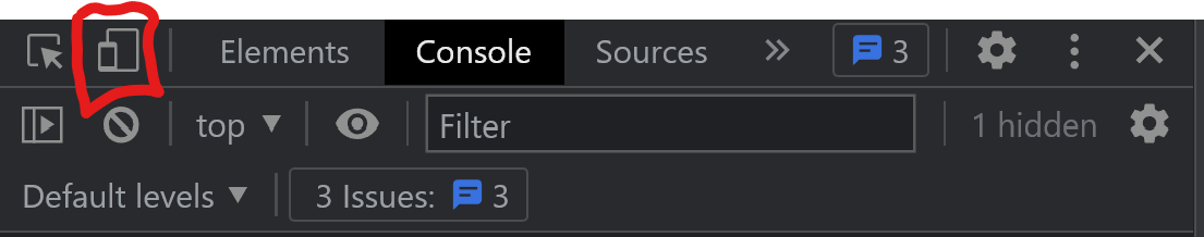 Ukázka, kde se v DevTools záhlaví nachází tlačítko zapnutí responzivního režimu DevTools záhlaví tlačítko zapnutí responzivního režimu