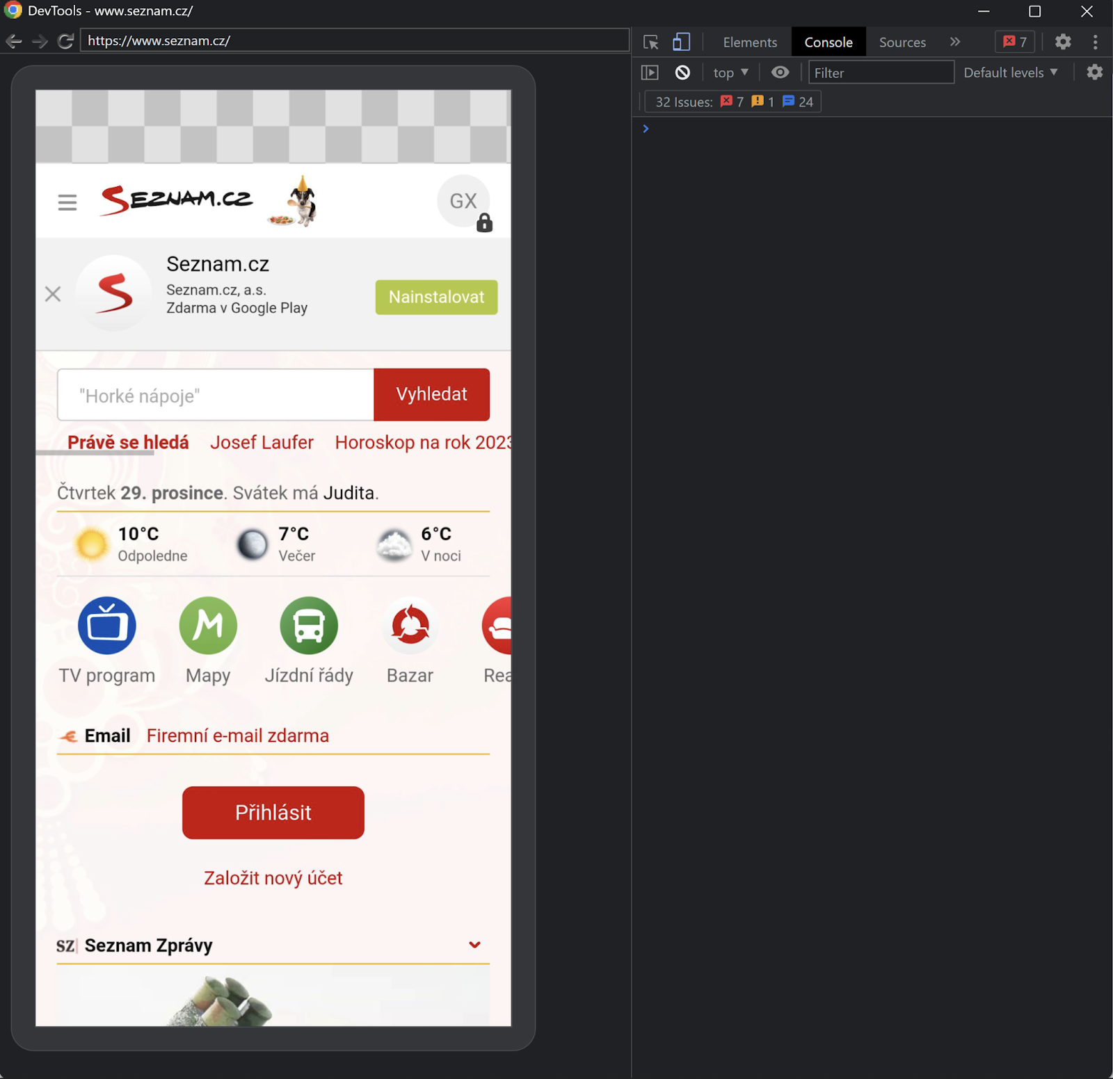 Ukázka jak vypadá inspect daného tabu Ovládání DevTools pro mobilní zařízení na počítači