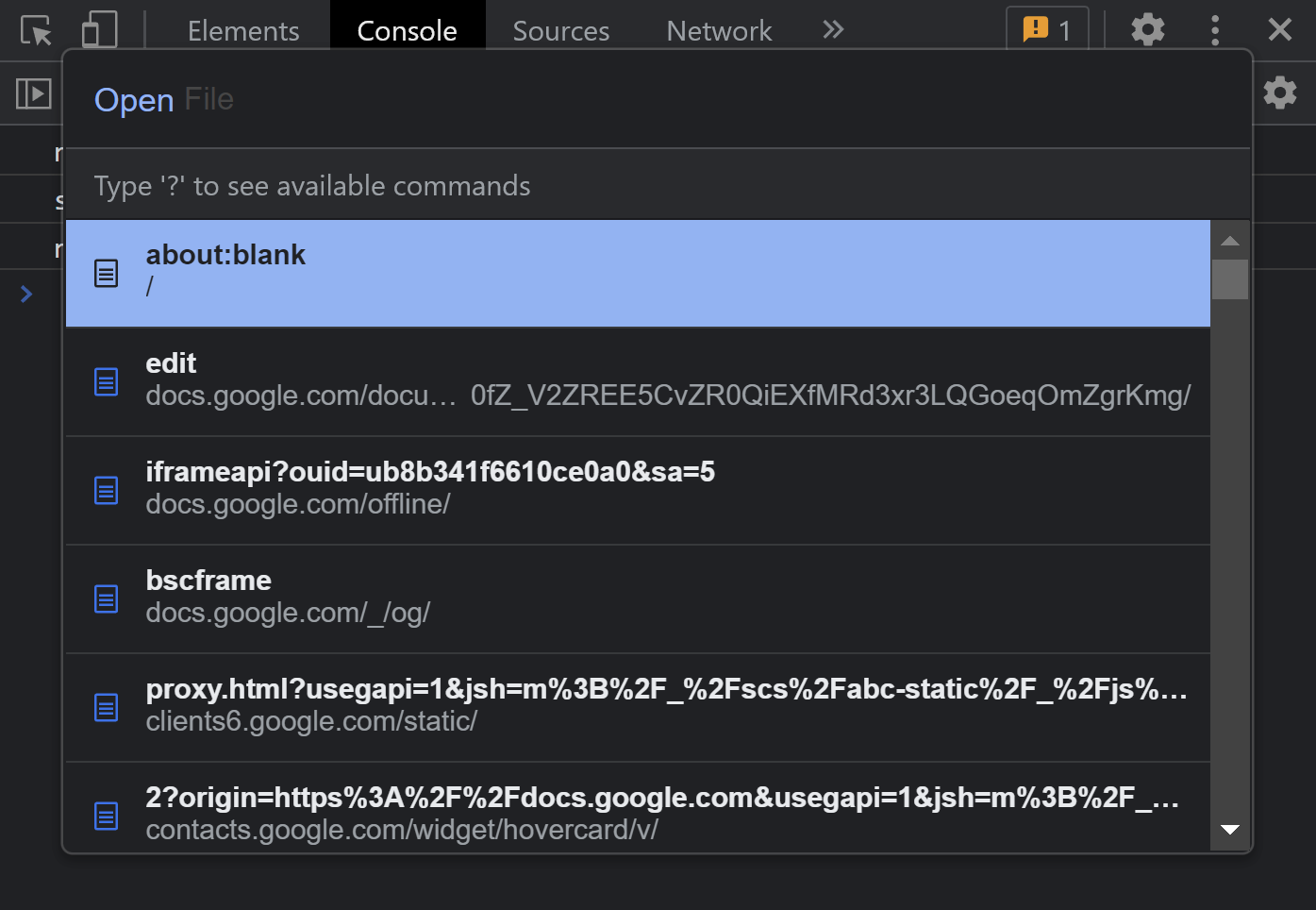 Ukázka jak vypadá vyhledávač souborů. Vyhledávač souboru přes Command menu v DevTools