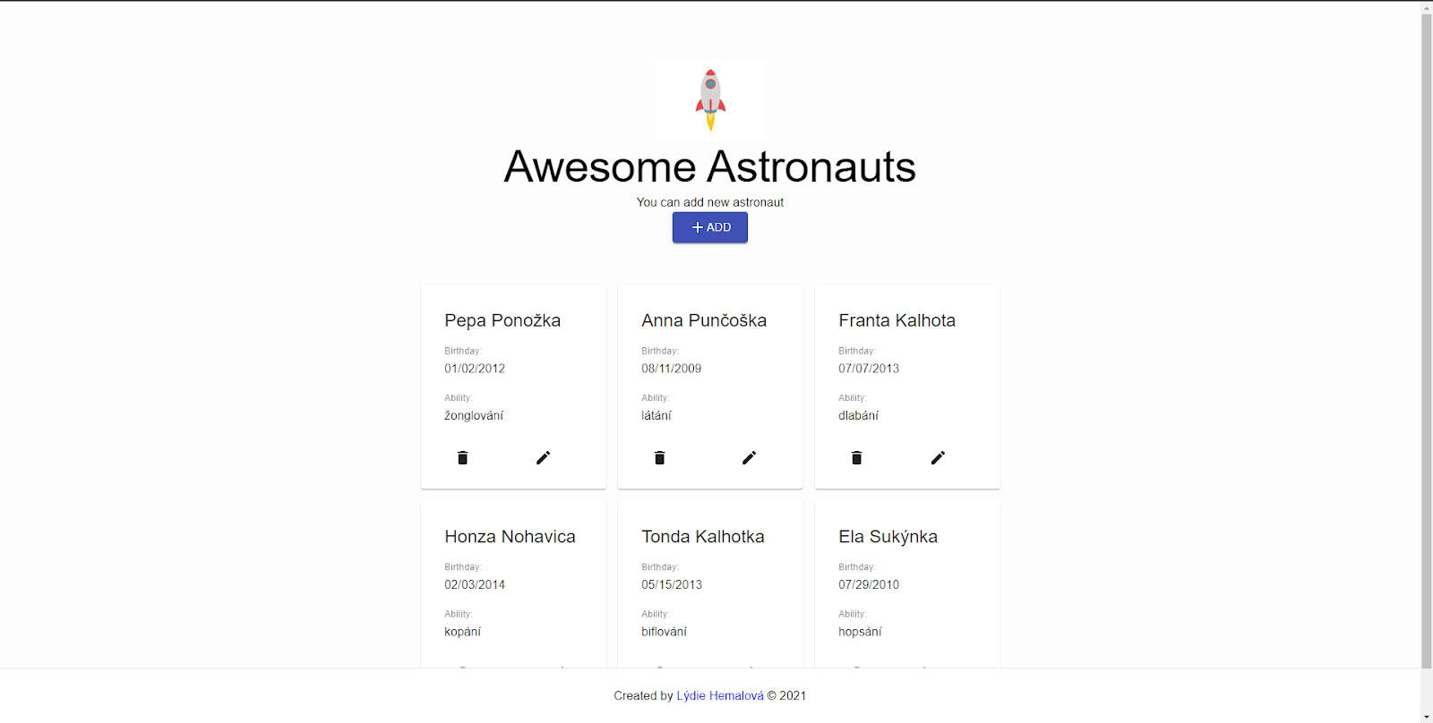 Úvodní strana testovací aplikace na správu Astronautů - výpis existujících astronautů Úvodní strana s astronauty